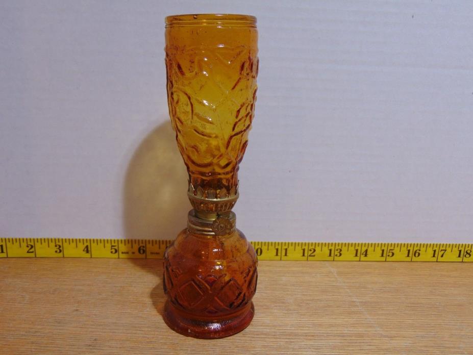 Vintage Embossed Amber Glass Mini Oil Lamp With Embossed Amber Chimney 8 1/2