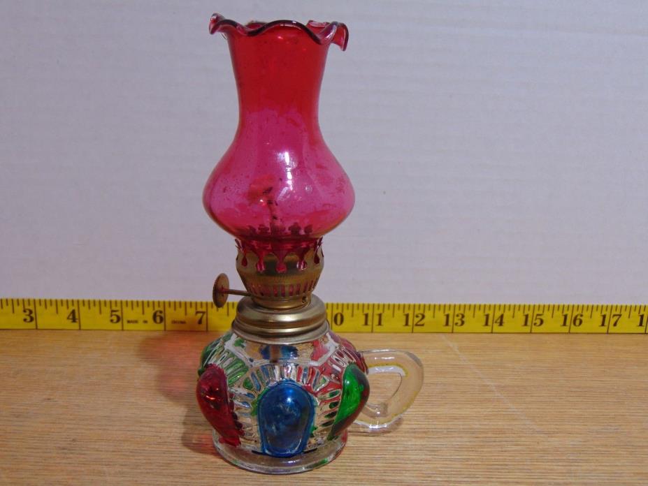 Vintage Painted Embossed Glass Mini Oil Lamp With Painted Red Chimney 6 3/4