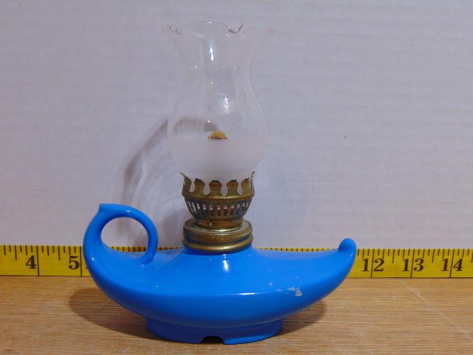Vintage Blue Metal Aladdin Genie Mini Oil Lamp Frosted/Clear Fluted Chimney