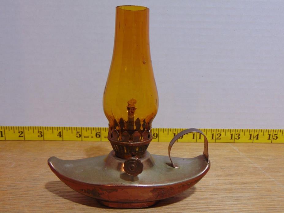 Vintage Copper Aladdin Genie Mini Oil Lamp With Amber Chimney 5 1/4