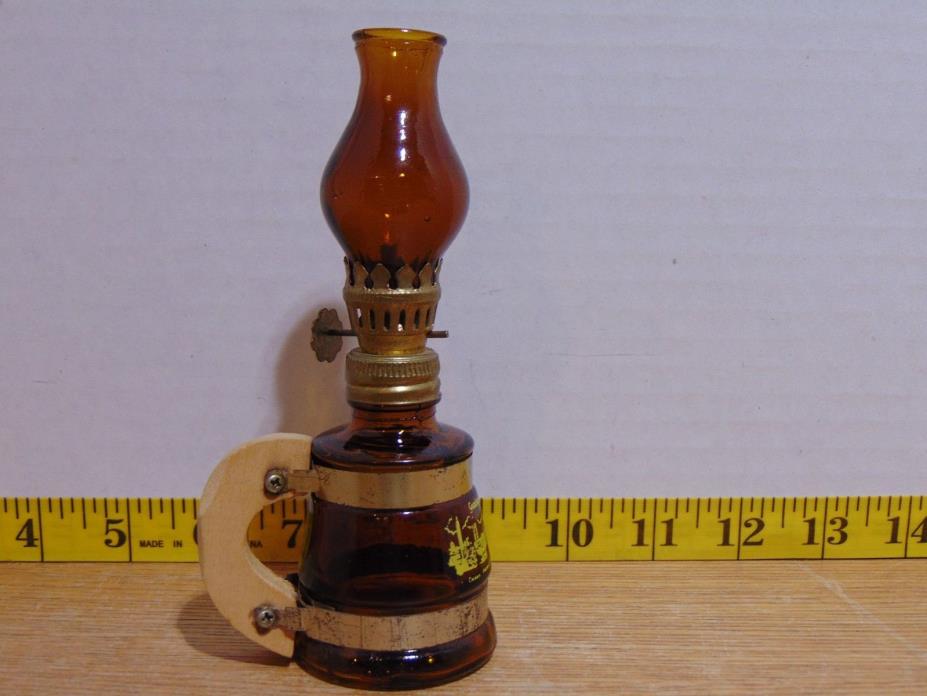 Vintage Amber Glass Mug Shaped Mini Oil Lamp Greetings From London 5 3/4