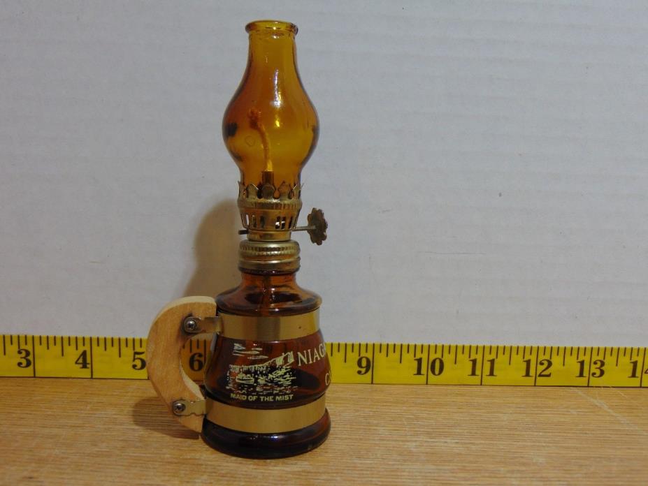 Vintage Amber Glass Mug Shaped Mini Oil Lamp Niagara Falls Canada 6
