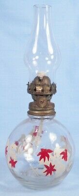 Vintage Miniature Lamp & Chimney Red & Cream Flowers on Clear Glass # 2