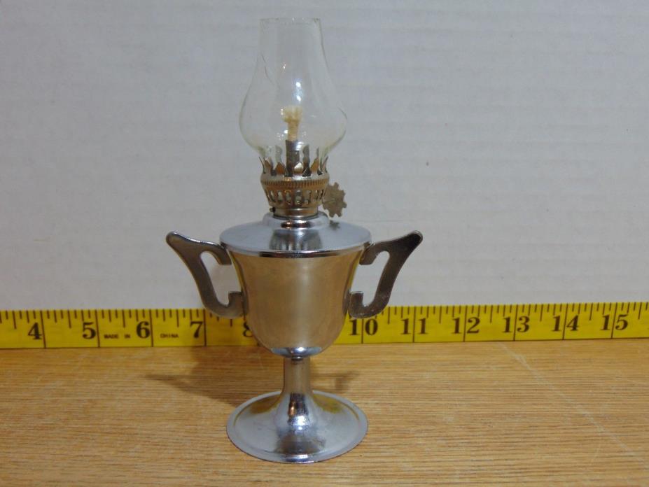 Vintage Metal Trophy Shaped Mini Oil Lamp With Clear Glass Chimney 5 3/4