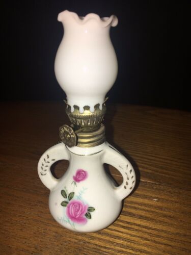 Antique Miniature Oil Lamp Milk Glass Floral