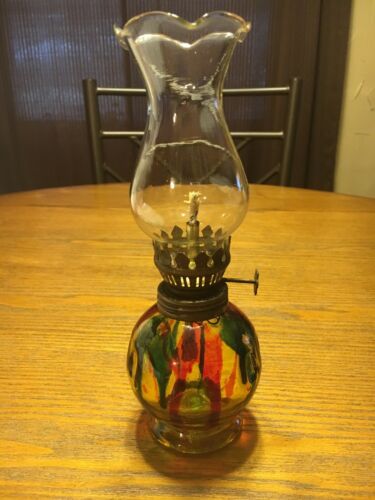 Vintage Miniature Oil Lamp. Red & Green Glass. Made In Hong Kong. Bubbly Glass.