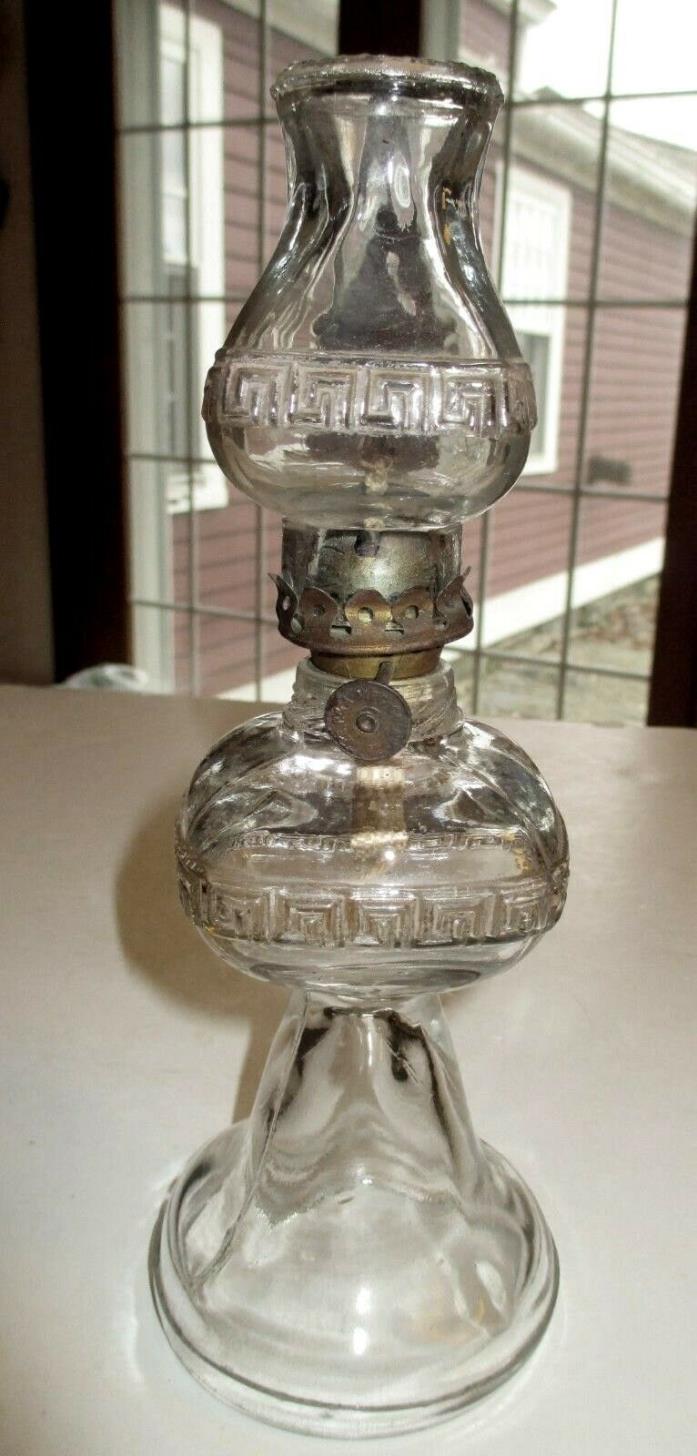 1910 Mini Kerosene Lamp & Matching Chimney Greek Key Pattern Acorn Burner 8”T