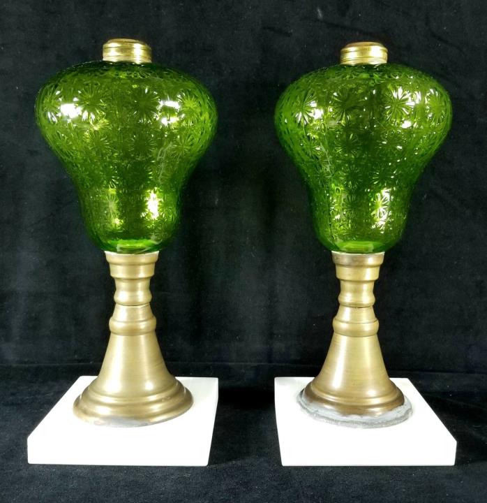 2 Antique Mid-Late 1800s Whale Oil Lamp Bases Green Pressed Glass & Marble 11.7