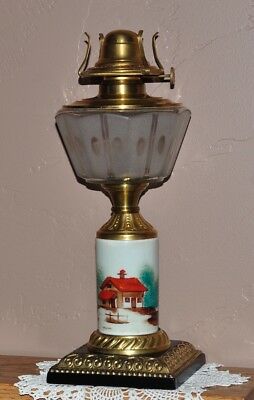 Antique Oil lamp - Red roof cabin scene on stem - includes prong burner