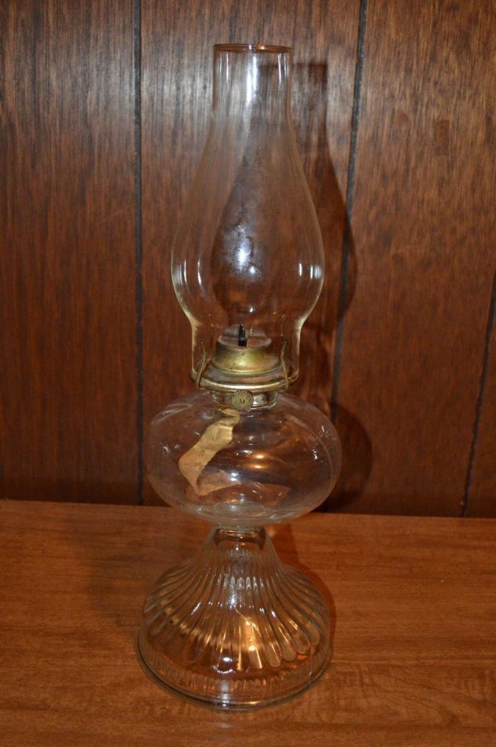 Vintage Clear Glass Oil Lamp With Burner & Chimney 17 1/2 Inches Tall Overall