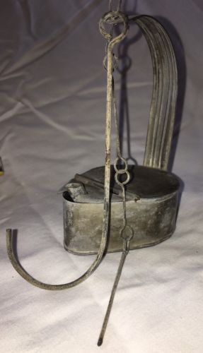 EARLY TIN STANDING WHALE GREASE OIL  BETTY LAMP