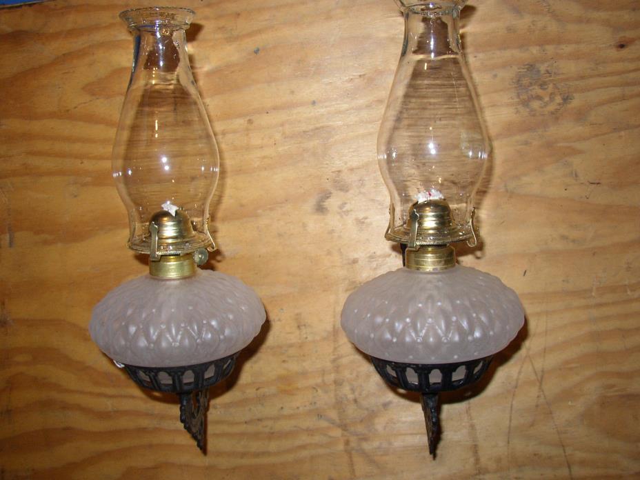 Pair Cast iron oil lamp and wall mount holder (sconce)