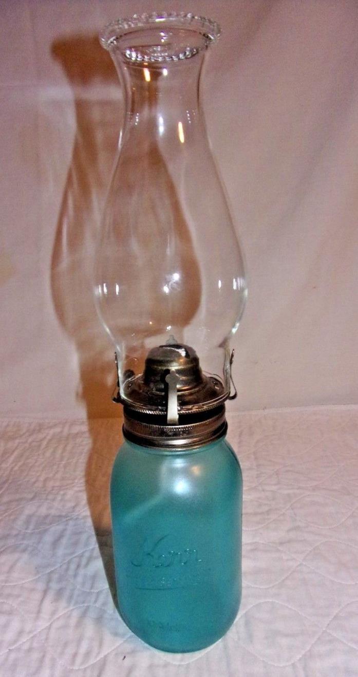 Kerr Mason Jar Oil Lamp w/ Antiqued Brass Burner& Vintage Bead Top Chimney (AK1)