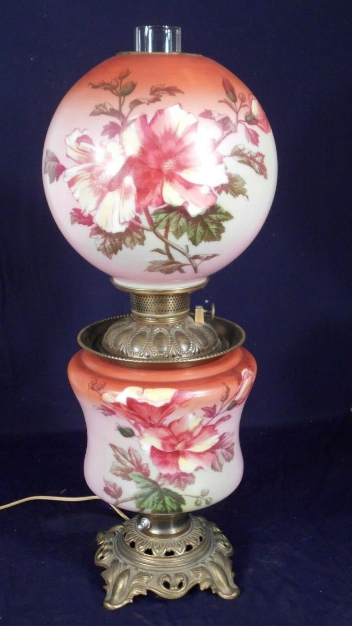ANTIQUE VICTORIAN GWTW OIL LAMP-HAND PAINTED RED ROSES BASE AND SHADE