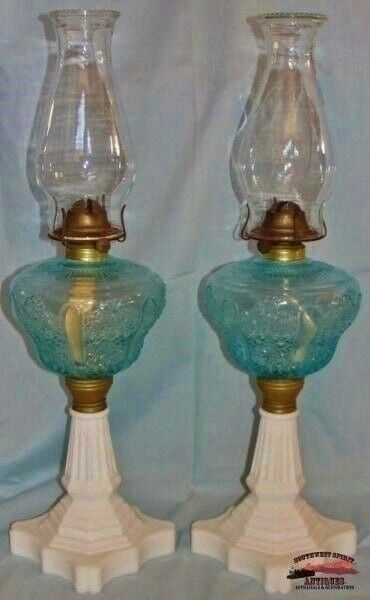2 Matching 1870’s Blue Daisy & Button Pattern Banquet Oil Lamps
