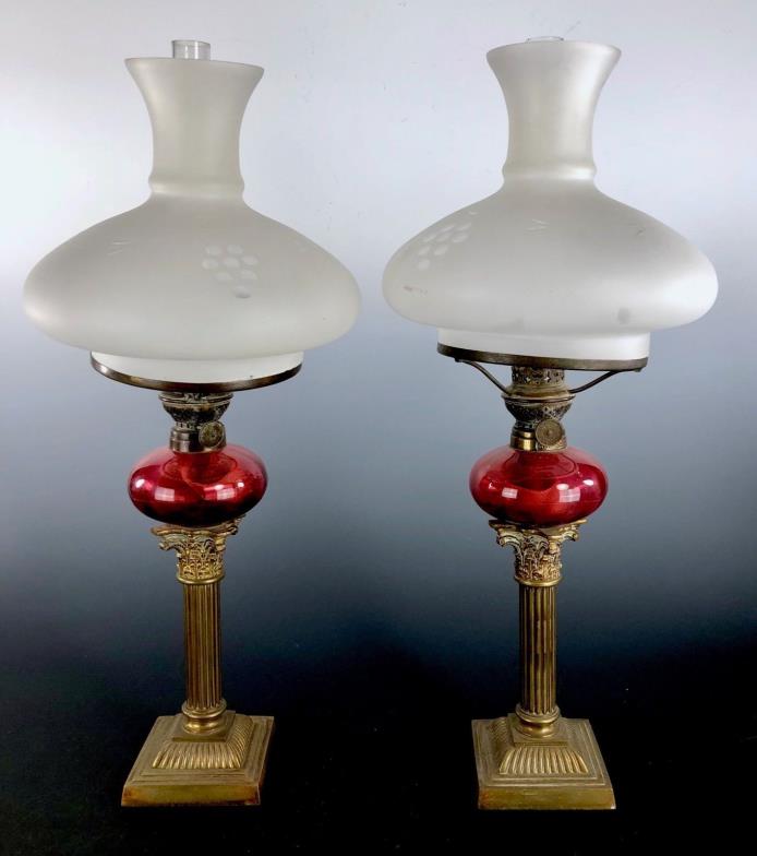 Antique F T Sale Oil Peg Lamps Safety Burner Cranberry Glass Candlesticks