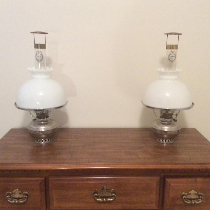 TWO Vintage Antique Aladdin Model No. 11 Oil Lamps With Shades and Chimneys
