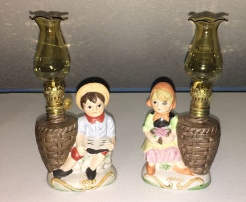 New In Box Vintage Porcelain Boy and Girl Figurine Oil Lamp Set 8 1/2