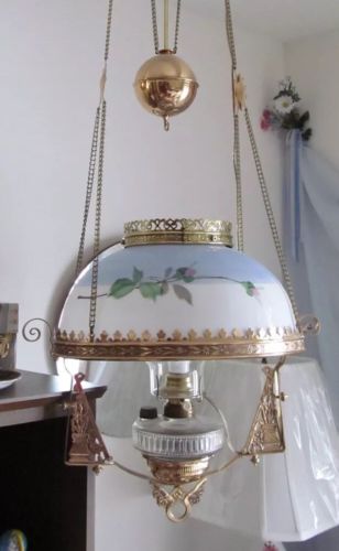 Victorian Antique Hanging Light Electrified Oil Lamp Pendant Prisms Beautiful!