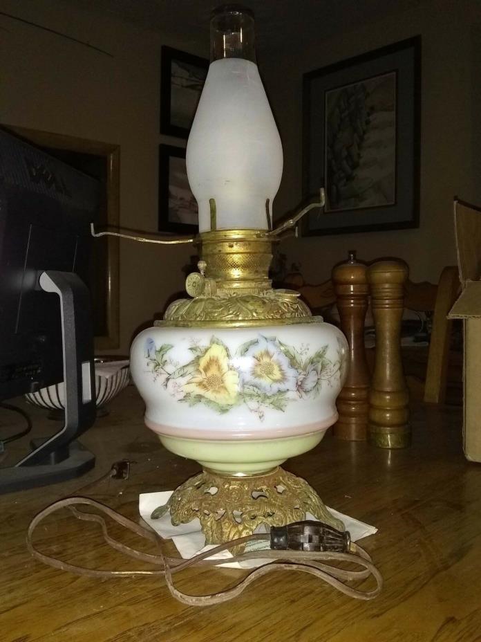 Oil Lamp Lantern brass milk glass hurricane vintage Converted to Electric