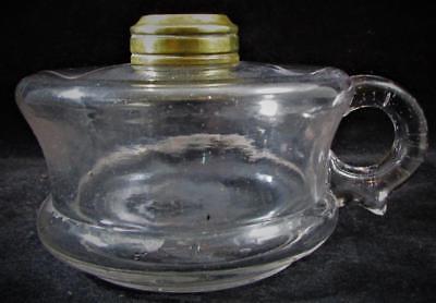 Antique Oil Kerosene Clear Glass Flat Hand Finger Lamp w/ Drip Guard Depression