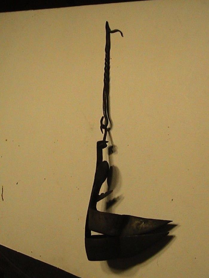 Antique Hand Forged Iron Crusie Double Pan Betty Whale Oil Lamp Hang Hook 1800's