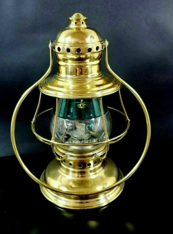 BRASS CONDUCTOR LANTERN #3-1/2 WITH GREEN OVER CLEAR ETCHED GLOBE