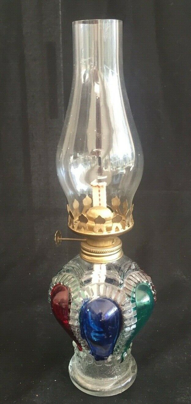 Vtg Glass Oil Kerosene Oil Lamp  Made in Hong Kong Hand Painted Flashed 12.5”