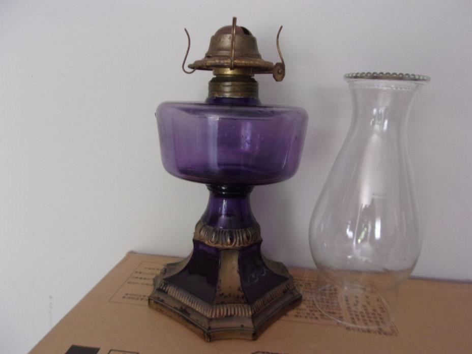 Antique AMETHYST Glass OIL LAMP, Painted Gold Panel Base Design, Purple