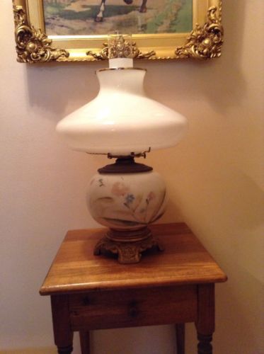 Antique Hand Painted Pedestal Oil Lamp With Glass Shade And New Wick