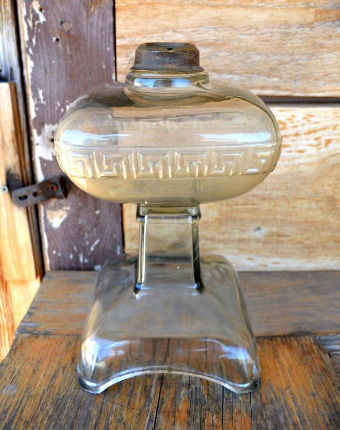 Antique Vintage Clear Glass Oil Lamp with Brass Neck Greek Key Pattern Needs TLC
