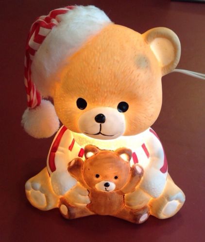 Teddy Bear In Santa Hat Ceramic Nightlight (Switch On Cord)