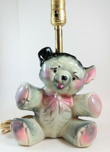 Teddy Bear Lamp, Grey and Pink Vintage Baby's Nursery Light 1950's Ceramic