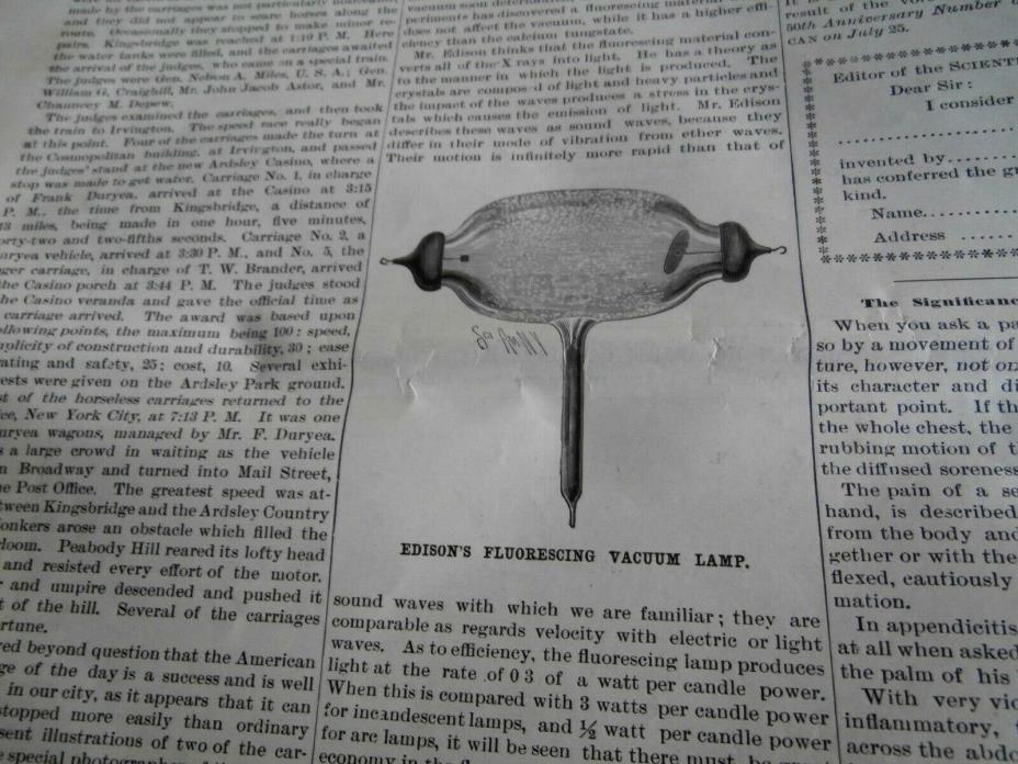 1896 THOMAS EDISON NEW ELECTRIC LIGHT FLUORESCING VACUUM LAMP-- zorp
