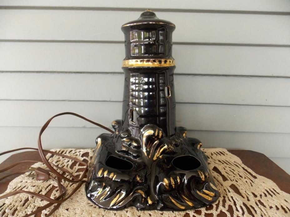 Vintage TV Table Lamp Black with Gold Highlights Ceramic Lighthouse Retro