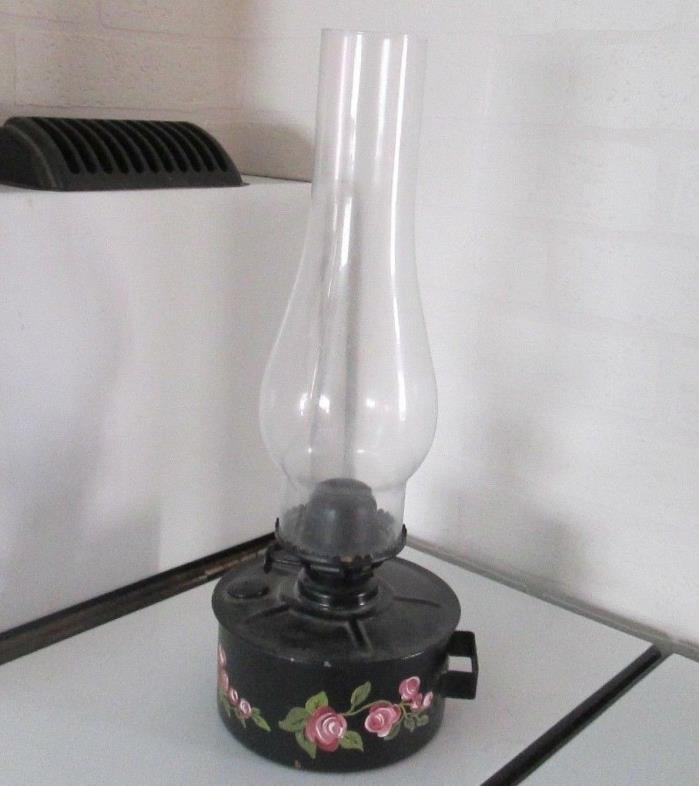 Vintage Kerosene Lantern Black Metal Toleware Painted  w/ Glass Chimney