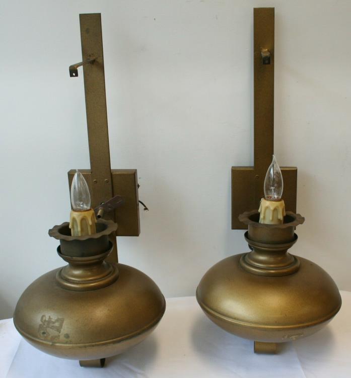 Antique Large Pair Brass Wall Sconce Electric Candle Railroad Hotel Fixed Mount