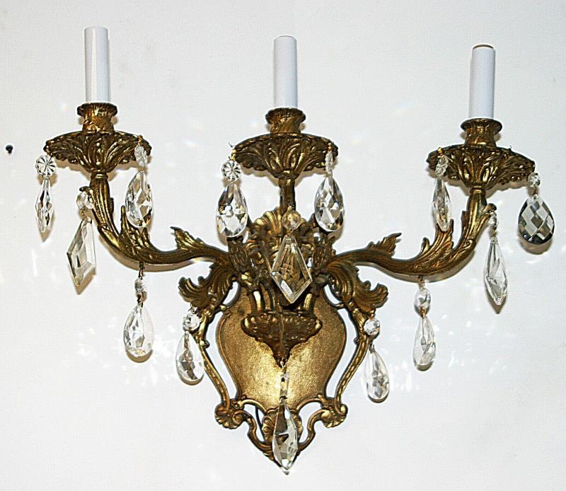 Antique French Baroque Style Heavy Brass 3 Light Decorative Sconce Wall Light