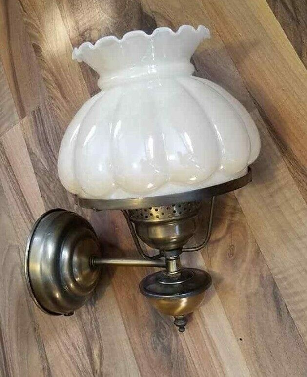 Vintage Cream Pearized Glass Hurricane Shade Brass Wall Sconce Lamp light elec