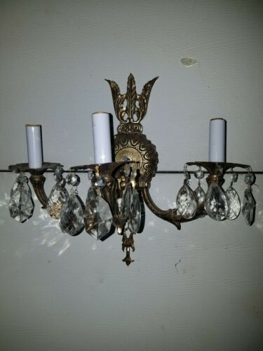 Vintage brass and crystal electric wall sconce/ 15 teardrop crystals