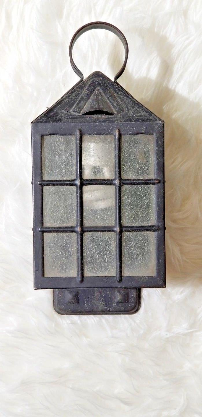Vintage Black Glass Paneled Porch Sconce Pull Light LAMP Tudor Metal Cast?