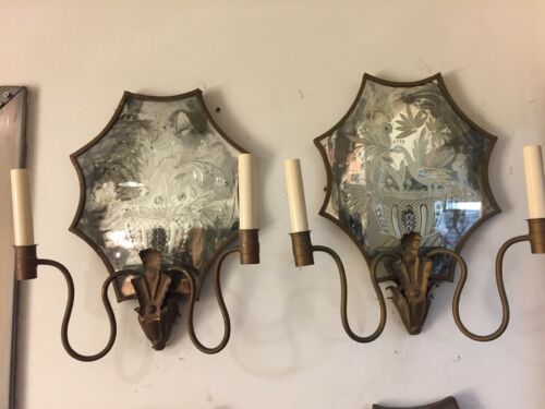 Pair Of Antique French Etched Glass Sconces Bagues