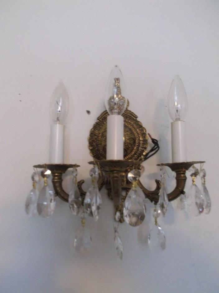 Pair Brass Cast Metal Triple Light Wall Sconces w/Prisms
