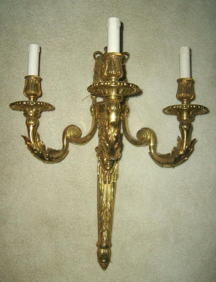 Pair New Brass Finish Cast Metal Triple Electric Light Wall Sconces