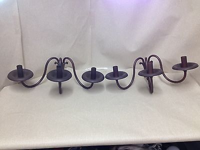 Pair Copper Wall Sconces Candle Stick Holders Triple Arm Brass & Copper