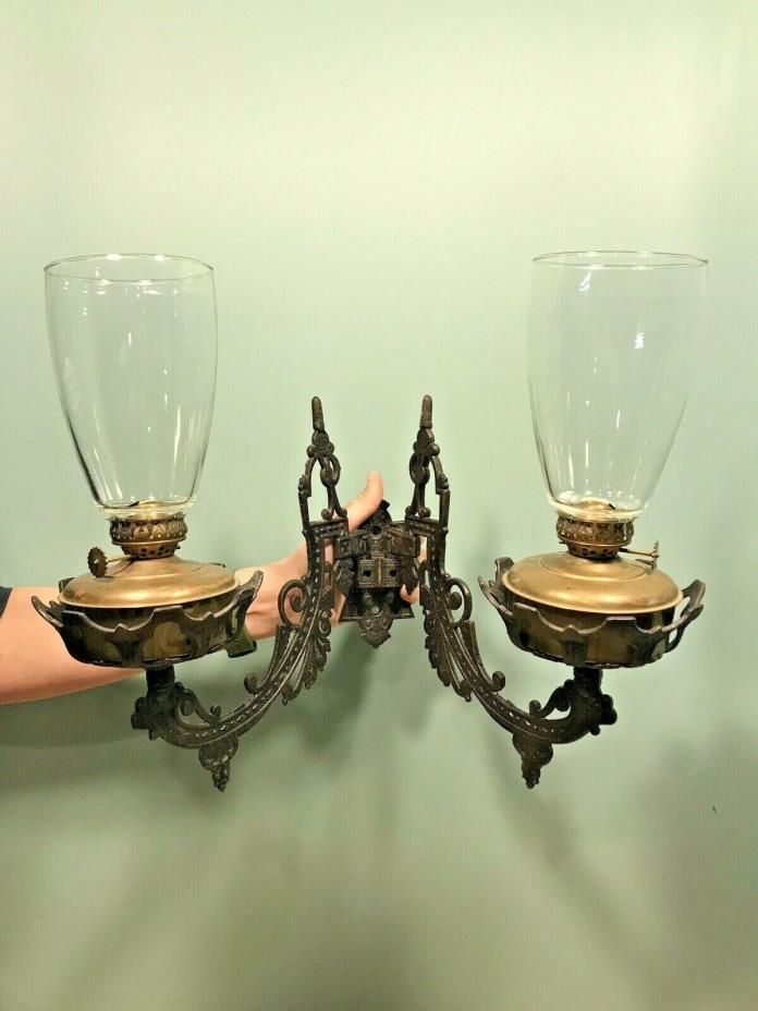 Vintage Cast Iron Double Sconce Lantern Holders with Hurricane Lanterns