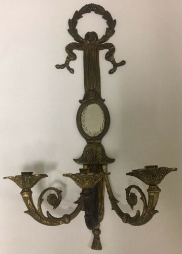 Beautiful Vintage 3-Arm Gilt Brass/Bronze Sconce Lamp Mirror Bow Tassel