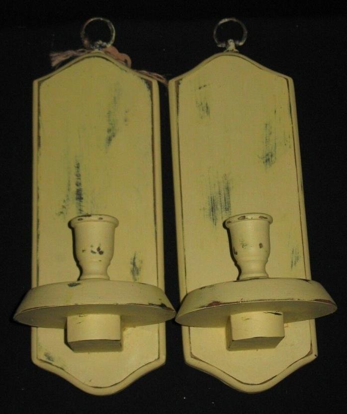 Pair Vintage YELLOW Shabby Chic Farmhouse Distressed Wood Candle Sconces