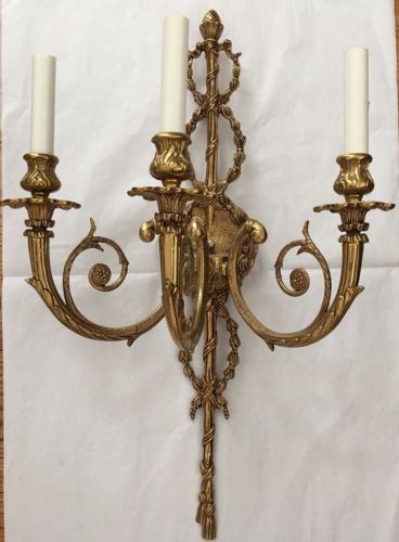 Vintage Pair French Adams Style 3 Light Brass Tassel Wall Sconce Sconces 26”