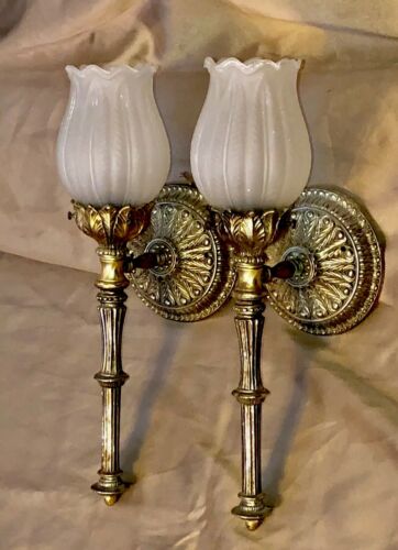 LARGE VINTAGE 16” MATCH PAIR SOLID BRASS L&L WMC TORCHIERE WALL SCONCE & SHADE